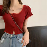 Women Patched Lace O-Neck Knitted Short Sleeve Thin Sweaters Cardigans Lady Single-breasted Buttons Sweater Crop Tops