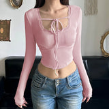French Maiden Style Square Collar Bow Tie T-Shirt Sexy Short Navel Long-Sleeved