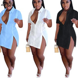 Casaul Women Mini Dress Split Out Turn Down Collar Solid Color Slim Bodycon Side Split Dresses For Women