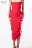 Elegant Women 3D Flower Patchwork Long Dress Sleeveless Ruffles Ruched Slim Fit Bodycon Dress Party Cocktail