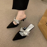 Summer New Korean Style Female Slippers Bag Head High Tip Bow Fine Heel Heel Cold