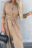 Solid Long Sleeve Shirt Dress Women Lace up Single Breasted Beach Maxi Party Dresses Turn-down Collar Split Sash