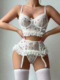 White Mesh Floral Print Lingerie Set- Outfit