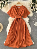 Women Purple/Red/Green Bandage Pleated Midi Dress Female Vintage V-Neck Short Sleeve High Waist A-Line Draped