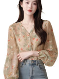 New Burst Spring Summer French Beauty High-End Feel Shirt Blouse Broken Snowflake Long-Sleeved Shirt Women