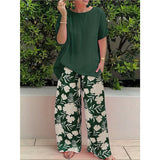 Plus Code Lady Two-Set Set Of Stylish Short-Sleeved Round Collar Top Wide Leg Trousers Print Casual
