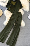 Women Three Pieces Set Elegant V-Neck Short Blouse + Strap Camis + Wide Leg Pants Suit Green/Red/Yellow Spring Fall