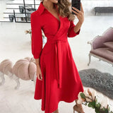 Women's Fashion Print Long-Sleeved V-Neck Bag-Groomed Commuting Dress
