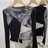 Zingj 2024 New, Tie-Dye Stitching Long-Sleeved T-Shirt Round Collar Slim Color Bright Line Design Short Top