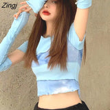 Women Patchwork Design Cool Tie Dye Streetwear Harajuku Slim Crop Top Sexy Summer Ladies Leisure Fashion Popular