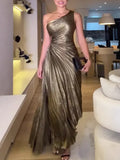 Women's Sexy Radiant Folded Oblique Shoulder Dress Sleeveless One-Shoulder Dress Women
