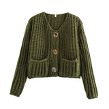 Women's Solid Color Single Buckle Double Pocket Short Thick Knit Shirt Coat Top