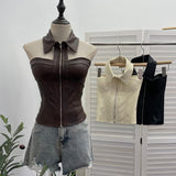 Shot With Chest Pad Hanging Neck Sling Vest Babes Design Pu Skin Tight Short Sleeveless Top Woman