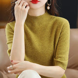 Zingj And Summer Loose And Versatile Wool Knit Short Sleeve Women Plus-Size Round-Neck Solid Color Bottom Knit T-Shirt Thin-Outfit