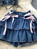 Hotsweet Denim Two Pieces Sets Zipper Strapless Y2K Top+Elastic Mini Culottes Lace Up Cross Bandage Streetwear Suits 211-0-Outfit