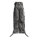 Zingj 2024 New Street Hipster Multi-Pocket Decoration Ribbon Design Sense Jeans Women's Hollow Out Cargo