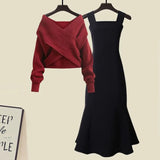 Zingj And Winter Suit Women's 2024 New French Feeling Cross Knit Sweater With Fishtail Dress Two Sets-Outfit