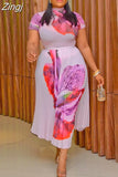 Pieces Set Sexy Spring Fashion Women Sets 2023 Female Tops Floral Print Short Sleeve Shirt Elastic Waist Long Pleated