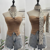 Shot Leopard-Print Silk Scarf Hanging Neck Design Folded Bra Strap Chest Pad Vest Short Sleeveless Top Lady