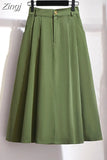Women Cotton Skirt 2023 Spring Summer Preppy Style Solid Casual Elegant Pocket Elastic High Waist A-Line Midi Skirts