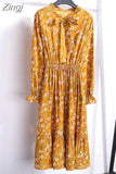 Women Dress Spring Autumn Long Sleeve Floral Print Bow Collar Chiffon Dress Elegant A-line Midi Winter Dress Vestidos Robe