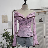Oil Painting Print Collar A Word Twisted Folded Short-Sleeved Trumpet Blouse