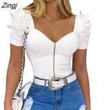 Women Short Puff Sleeve Tops Fashion Summer V Neck Solid Color Zip Up Slim Fit T-Shirts Basic Tops