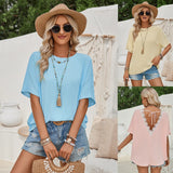 Summer New Women's Hot Selling Loose Round Collar Solid Color Back Lace Short-Sleeved Top
