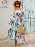 Women Elegant Floral Printed Long Dresses Spring Summer Casual O Neck Long Sleeve Ladies Chic High Waist A Line Beach