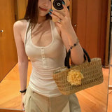 Girls White Hanging Neck Sling Vest Outside Wearing Women's Summer New Thin Back Shirt Long