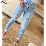 New Streetwear Womens Clothing High Waist Button Ripped Tight Jeans Fashion Casual Bodycon Trousers Skinny Denim Long