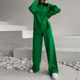 New Hot Pure Color Knitted Jacket High-Collar Sweater Set Loose Top + Pants