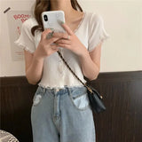 Women Patched Lace O-Neck Knitted Short Sleeve Thin Sweaters Cardigans Lady Single-breasted Buttons Sweater Crop Tops
