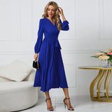Thin Women's New Long-Sleeved Slim 100-Folded Belt V-Neck Dress