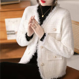 Zingj Autumn And Winter Small Jacket V Collar Plaid Mink Velvet Cardigan French Temperament Small Fragrant Wind Short Coat Female-Outfit
