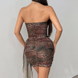 Sexy Nightclub Wind-Squined Leopard Print Irregular Ribbon To Close The Waist Brabed Hip Skirt
