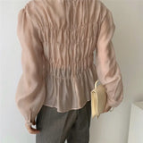 Spring Blusa O-Neck Puff Long Sleeve Blouse Korean Ins Solid Pleated Design Perspective Summer Shirt Fashion Clothing