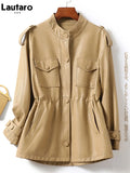 Spring Autumn Luxury Green Black Beige Leather Jacket Women with Drop Shoulder Long Sleeve Drawstring Pockets