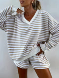 And Winter New Ladies Casual Striped Suit Long-Sleeved V-Neck Loose Top Sports Shorts Two-Set