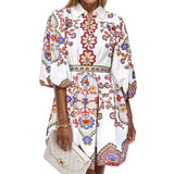 Spring Women's Fashion V-Neck Lantern Sleeve Temperament Printed Waist Skinny