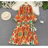 Sense Of Light Luxury Temperament Lantern Long Sleeve Round Neckt Thin Single Buckle Print Dress Elegant Long