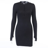 Zipper V-Neck Bodycon Dresses Sexy Long Sleeve Black Skinny Elastic Autumn Spring New Solid Fashion Women Party