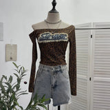 Girls Letter Sticker Leopard Long-Sleeved T-Shirt 2025 Autumn New Thin Short Top