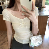 Design Big V-Collar Lace Collage Split Bow Short-Sleeved T-Shirt Women's Summer New Pure Korean