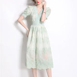 French Gentle Heavy Industry Embroidery V Zero Bubble Sleeve Dress Women's New Single Buckle Shed Skinny