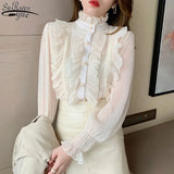 Ruffle Lace Chiffon Shirt Spring Sweet Chic Long Puff Sleeve Women Blouse Apricot Tops Stand Collar Clothes Blusas