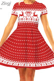 Print Women Christmas Dress Short Sleeve High Waist Big Swing Vintage Xmas Party Sundress Casual Robe
