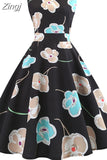Women Summer Sleeveless Floral Print Midi Dress O Neck Retro Vintage Vestidos Robe Rockabilly