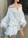 Temperament Beauty Dress 2025 Autumn And Winter New One-Word Shoulder Strap Splicing Lotus Leaf Side Flower Dress Dress