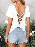 And Summer New Loose V-Neck Back Hollow Cross-With Short-Sleeved